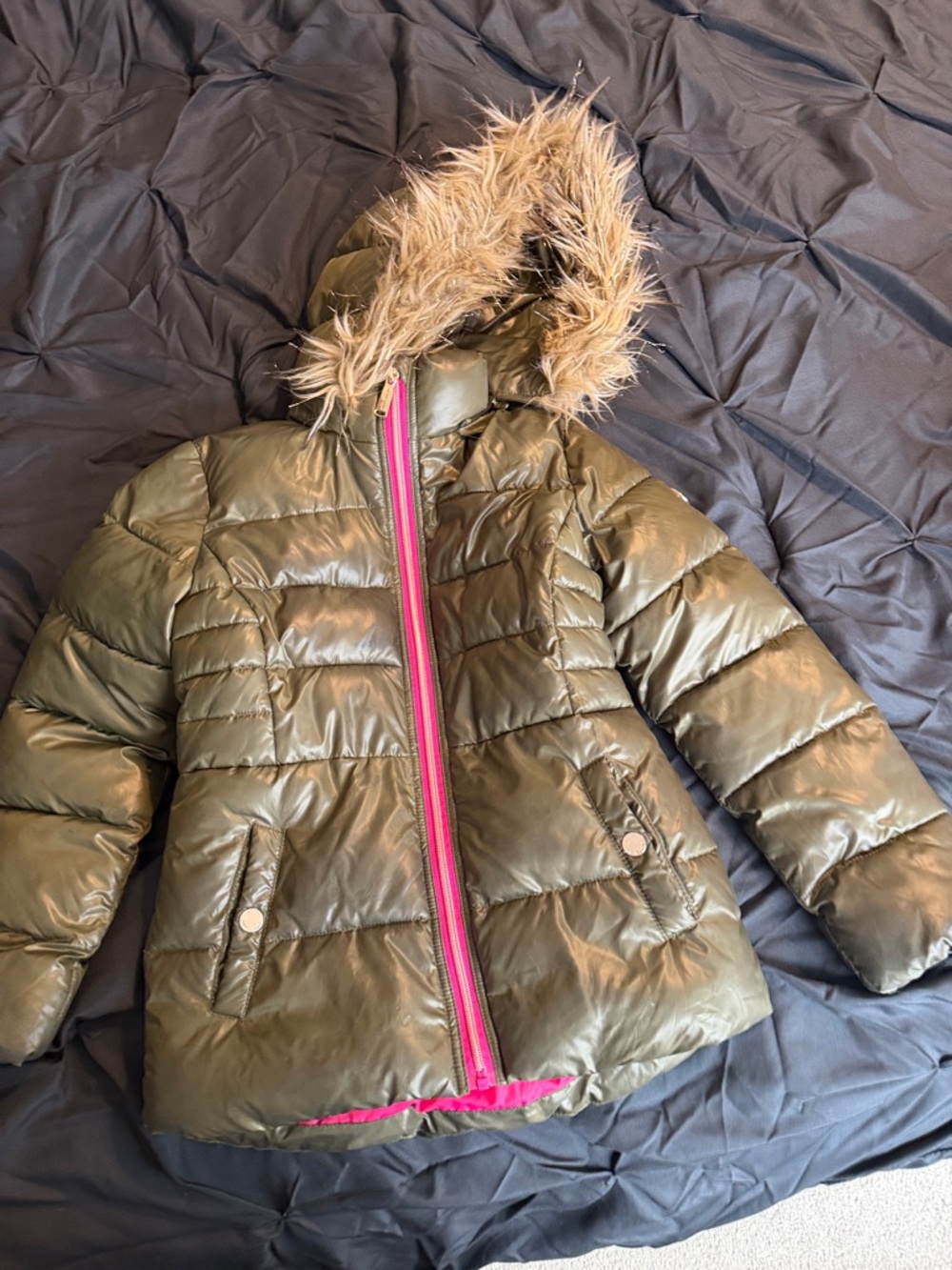 Girls' Michael Kors Olive Puffer Jacket with Faux Fur Hood
